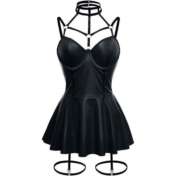 Women Plus Black Strappy Leather Underwire Choker Garter Belt Lingerie Set Dress - Picture 6 of 6